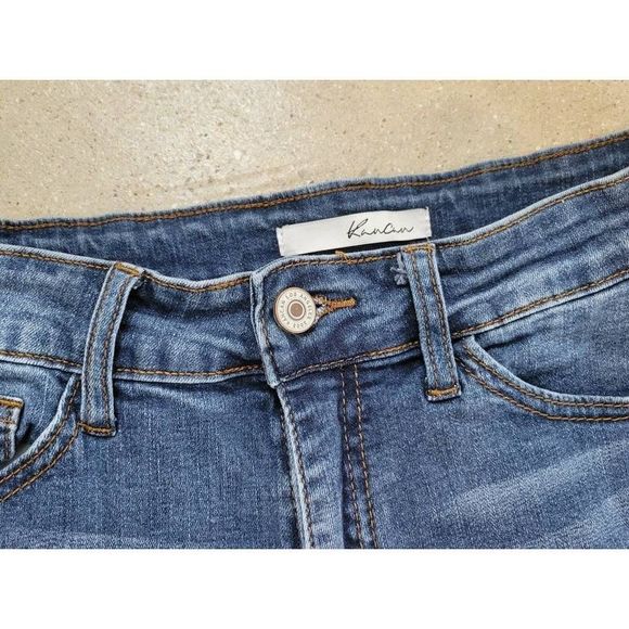 Kancan Denim Shorts Size 7/27 Distressed High Waist Stretchy Cuffed Medium Wash - Picture 2 of 7